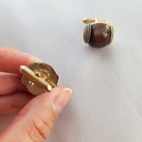 SWANK Vtg Cuff Link Vintage Cufflinks Men's Pair Men's Jewel Brown Cat's Eye New - Picture 3 of 8